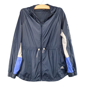 Adidas Hooded Windbreaker Jacket Womens Size Small Blue Spell Out